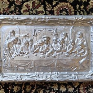Vintage Midcentury 1950s Decorative Silver CHALK  The Last Supper Wall Plaque